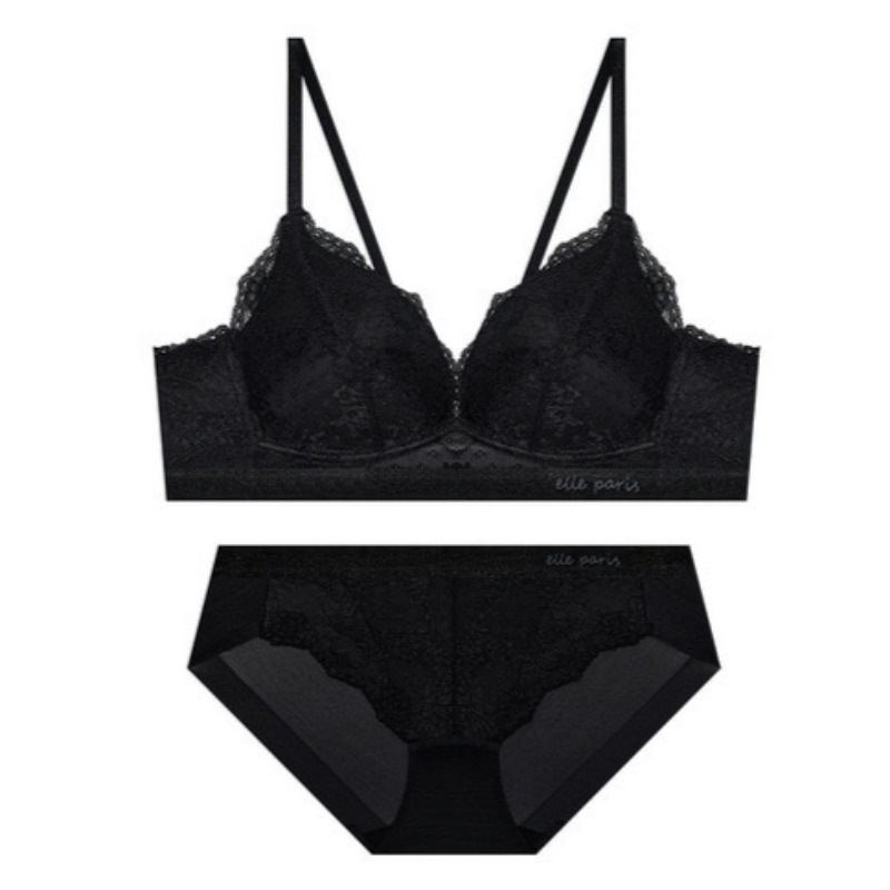 ソフトフィット ノーワイヤ レース ブラ パンツ セット - ブラック 75A 95