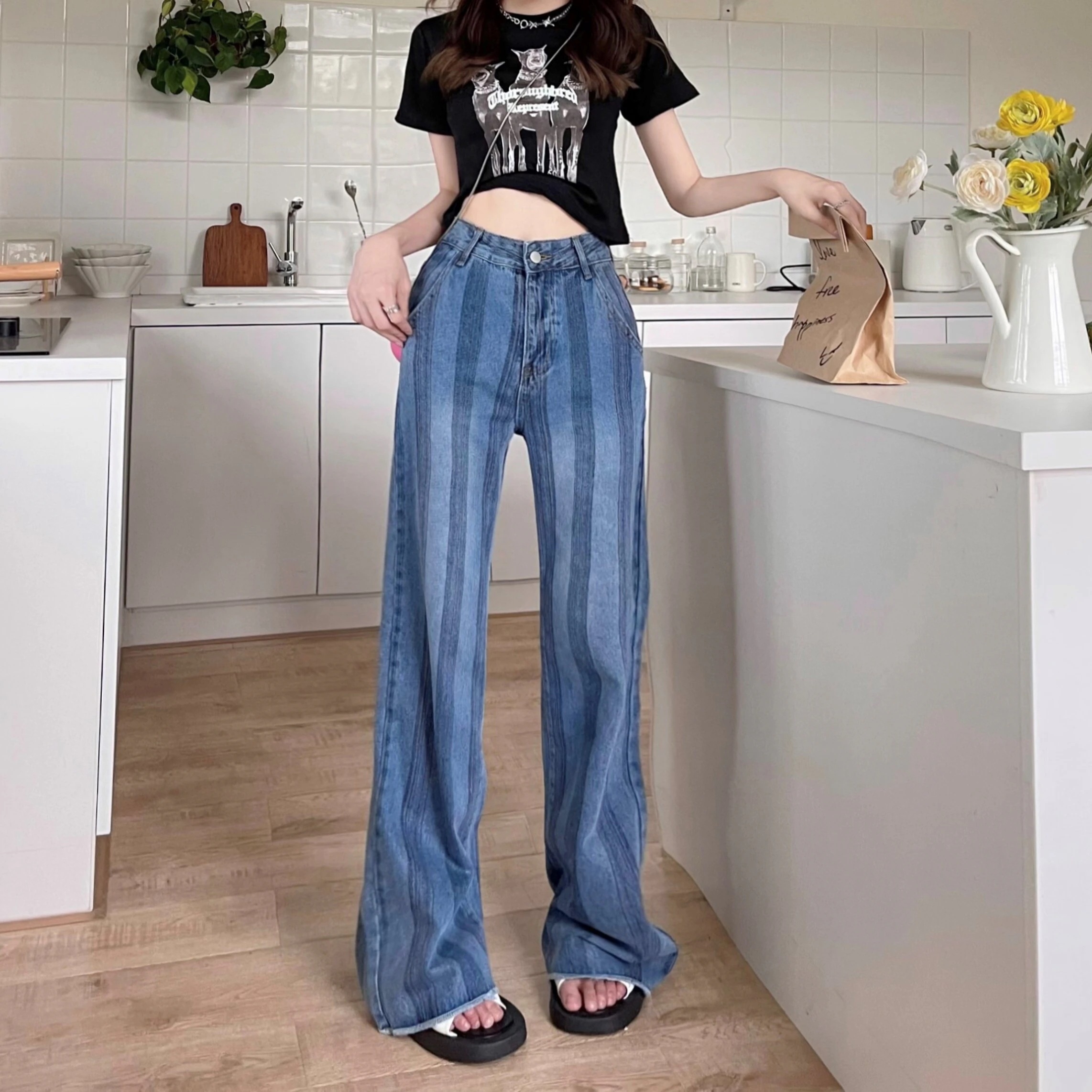 パンツ デニム レディース ストライプ ハイウエスト ワイド ストレート ブーツカット 脚長 ポケット カジュアル ラフ かっこいい レトロ クール お洒落 ゆる 普段使い 学生 青 S M L XL