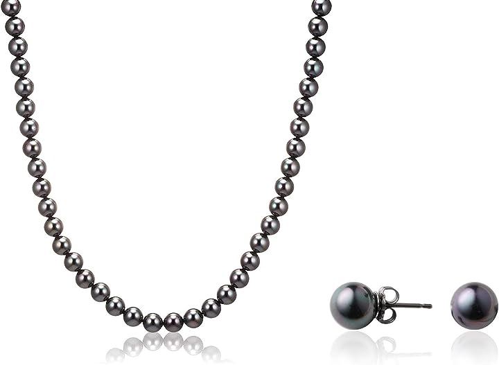人工真珠 ナチュラル パールネックレス 冠婚葬祭 日本製( ブラックピアスセット, ［04］ 全長47cm)