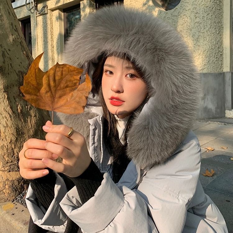 韓国風の冬の新作レディースミドル丈ダウンジャケットフード付き大きなファーカラーゆったりとしたフィット感厚手で暖かくてスタイリッシュなコート