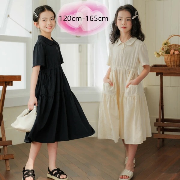 早買い早割 韓国子供服 綿 ワンピース 女の子 夏ワンピ 夏服 ゆったり ワンピース ブラック ページュ 通学着 誕生日 結婚式 キッズ 半袖 ワンピース オシャレ 可愛い ミディアム丈ワンピース