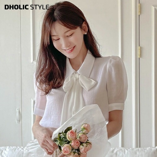 テンセル混リボンネックパフ半袖シアーブラウス・p659819