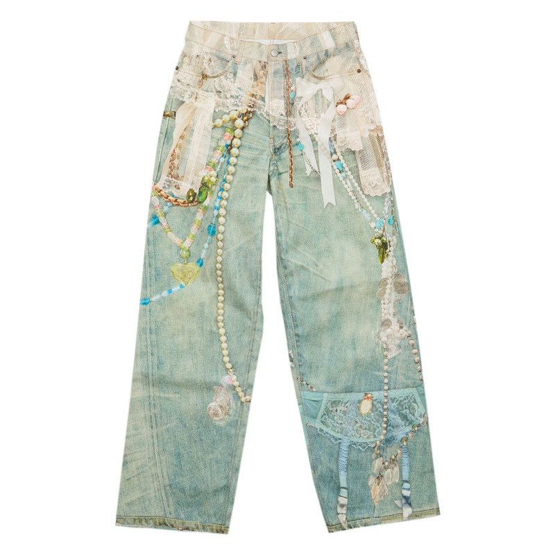 チェーン＆パール デニムパンツ 男女兼用 ユニセックス おしゃれ ロングパンツ 5,694円
