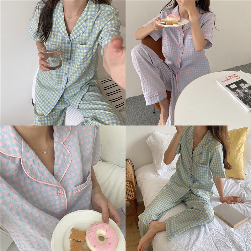 パジャマ ルームウェア チェック柄 半袖 部屋着 ボタン レディース トップス パンツ 前開き 襟付き フェミニン ポケット バイカラー かわいい 大人可愛い シンプル カジュアル おしゃれ こなれ感