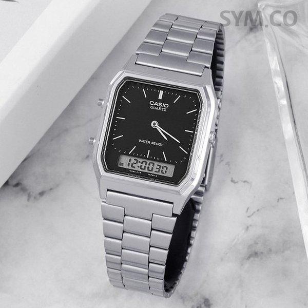 AQ-230A-1 レトロ スクエア ヴィンテージ アナデジ 男女兼用 メタル 時計 d