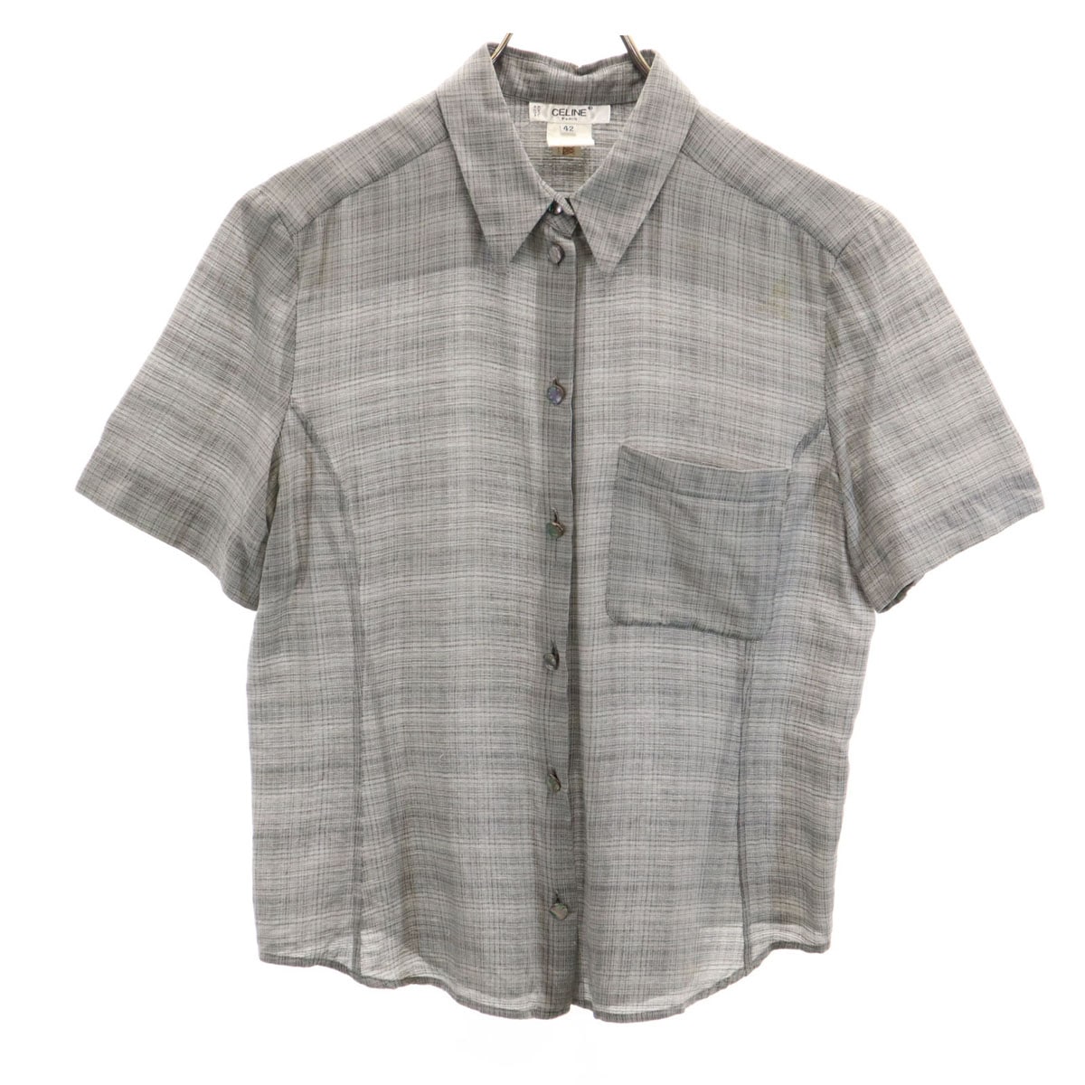 フランス製 シルクブレンド チェック柄 半袖 シャツ 42 グレー レディース 古着