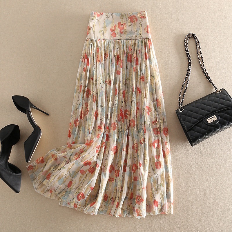 【美脚効果】 スウィート プリント 切り替え Aライン ロング スカート