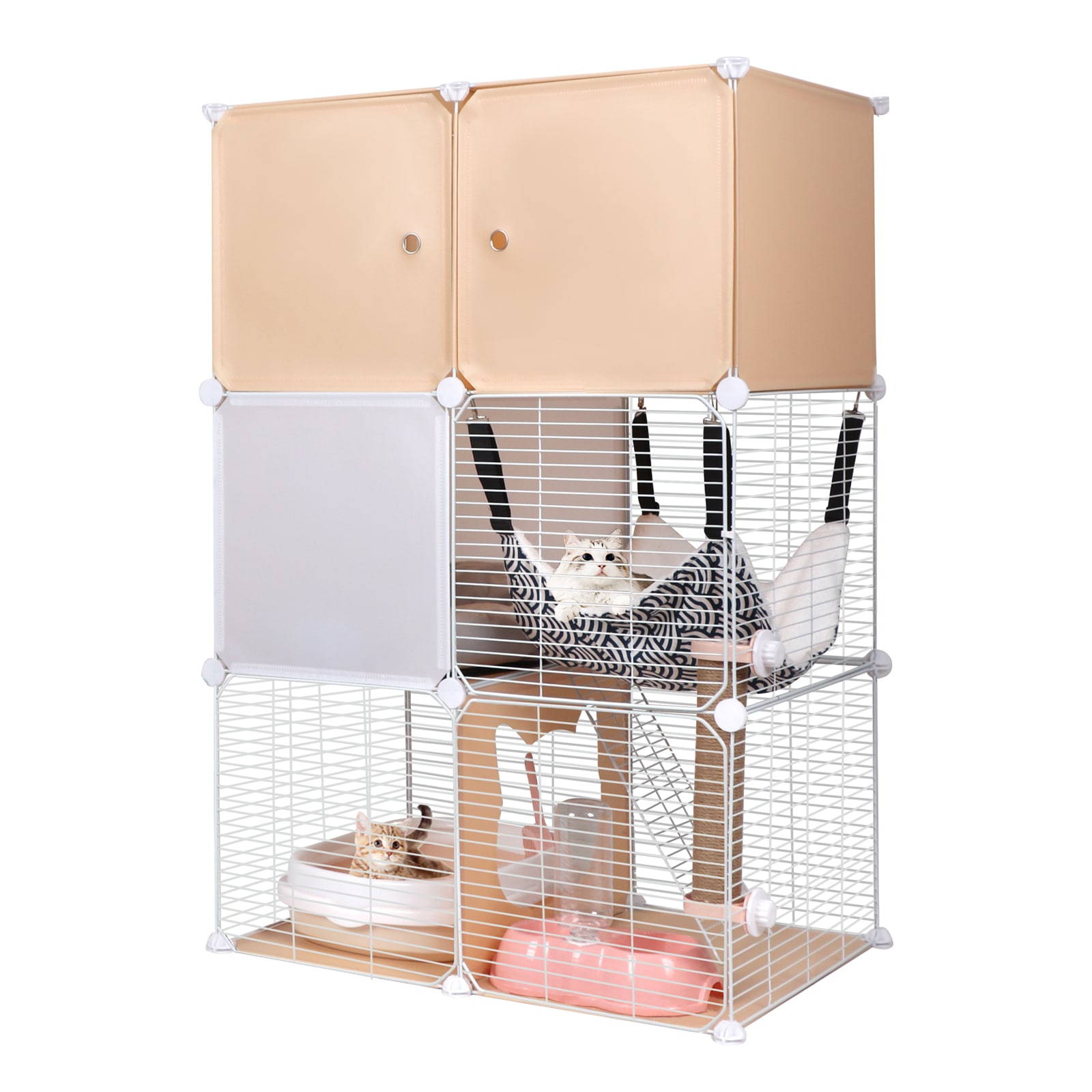 猫 ケージ 3段 トイレ付き キャットケージ 猫用ケージ 収納ラック 組立簡単 折りたたみ ドア付き 脱走防止 ハンモック/ベッド/麻紐爪とぎポール/はしこ付き ペットケージ 70x45x105cm