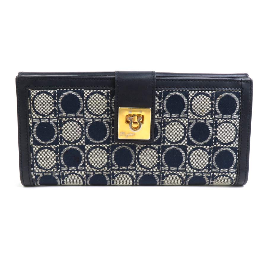 サルヴァトーレフェラガモ Salvatore Ferragamo 二つ折り長財布 ガンチーニ キャンバス/レザー ネイビー ゴールド レディース e59044a 6,708円