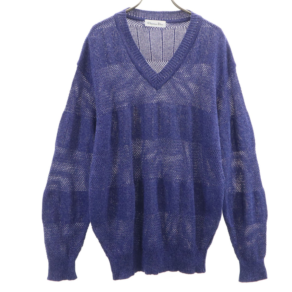 Christian Dior クリスチャンディオール 90s 日本製 リネンブレンド オールド 長袖 Vネック ニット M 青紫 メンズ 古着