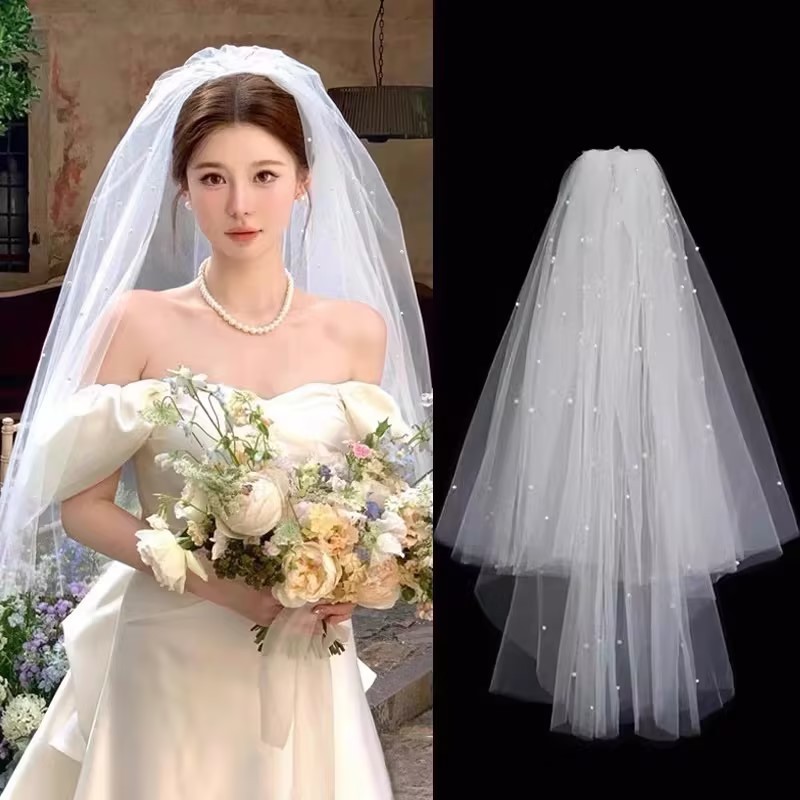 【1つ買うと20つ無料】2025白いビーズベール80cm二重層の結婚式のアクセサリー花嫁結婚式の結婚式のヘアアクセサリー