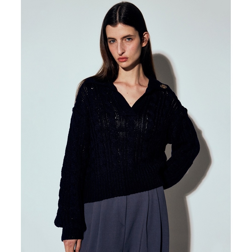 ニック&ニコールケーブルゴールドロゴオーバーサイズニット_ネイビー 12,673円