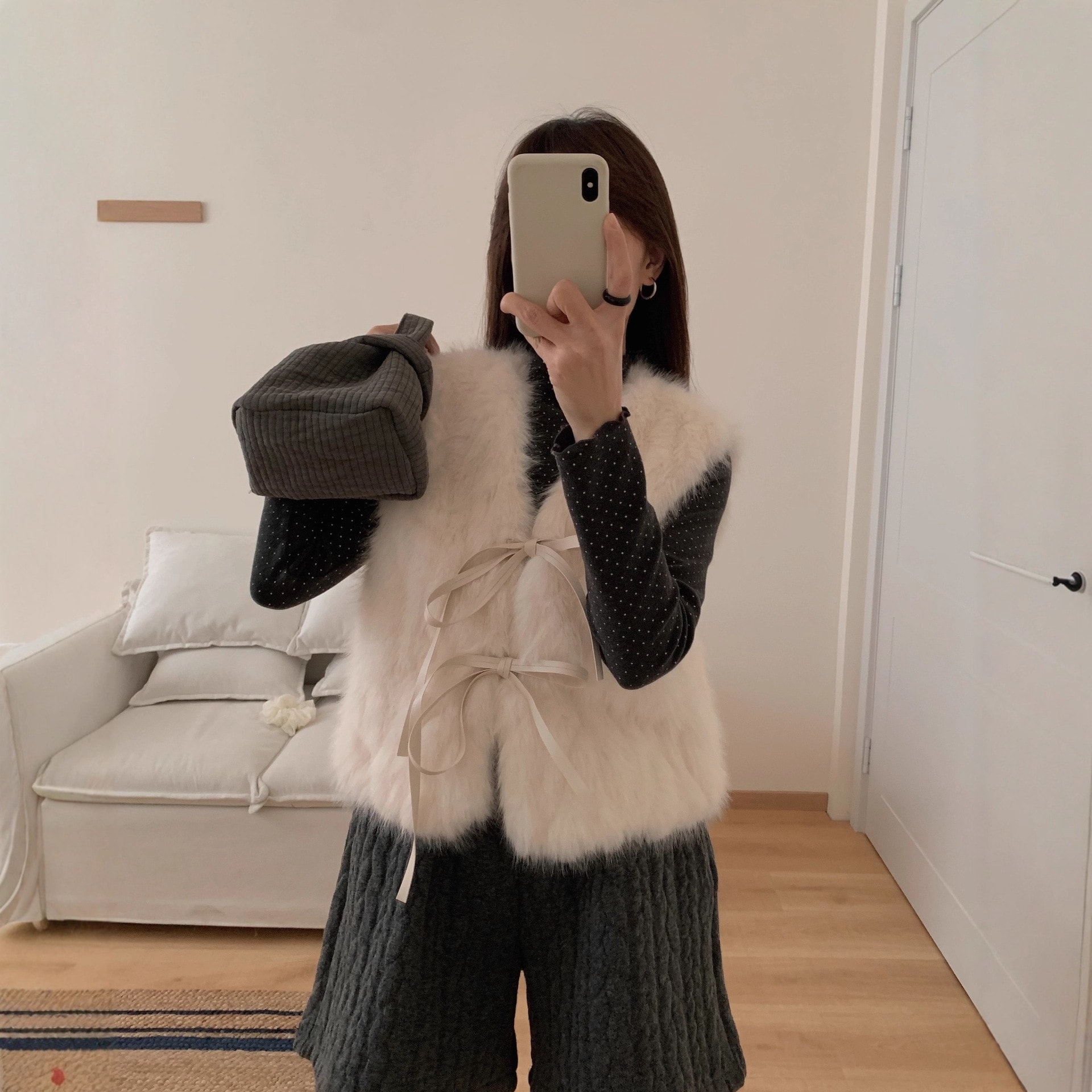 保温加厚エコファー リボンレースアップファー ベスト