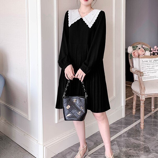 レトロ風 ワンピース 長袖 春 秋 きれいめ カジュアル かわいい フォーマル aライン Aライン ワンピドレス プリーツスカート 膝丈 ひざ丈 ミモレ ミモレ丈 キャンディスリーブ 萌袖 襟付き 大