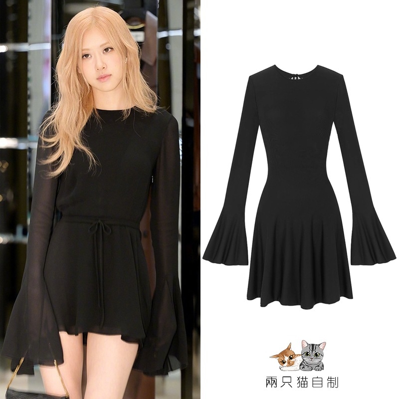 パクチェヨン ローズ ブラック バックレス スリム フィット ドレス ショート ベル スリーブ