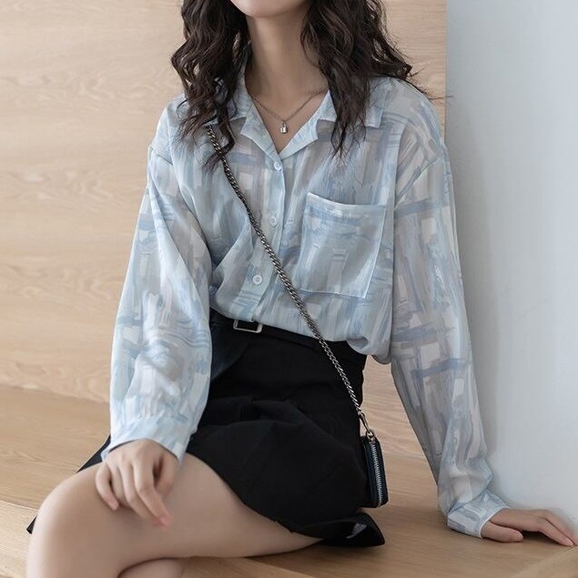 トップス シャツ 長袖 ポロ襟 シフォン ポケット 大人可愛い きれいめ シンプル カジュアル 大人 上品 おしゃれ 大人女子 こなれ感 クール モード系 とろみ感 柄 春 夏 謝恩会 10代 20代