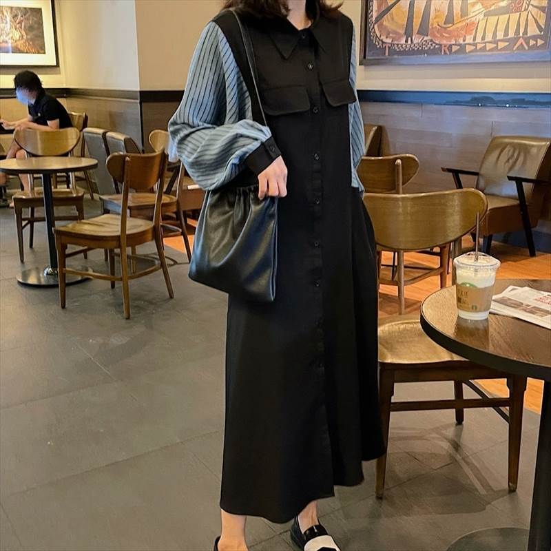 シャツ ワンピース 黒 ストライプ 切り替えデザイン ロング レディース 春 秋 冬 ワンピ カジュアル ドレス 長袖 袖あり 個性的 ユニーク バイカラー M L XL 2XL 3XL 大きいサイズ