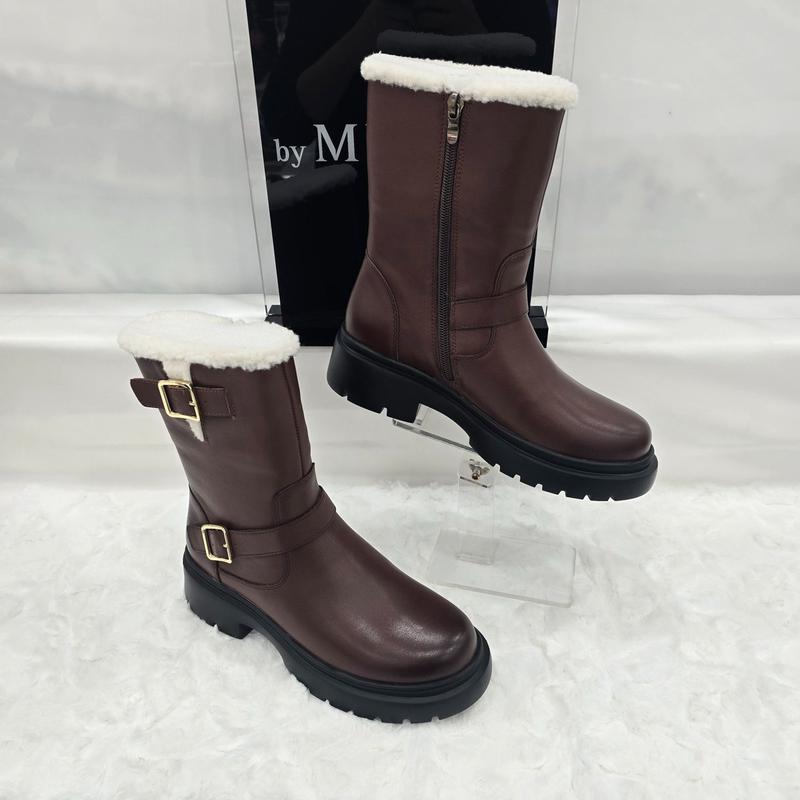 By 女性 ファー裏地 バックル ブーツ 612HT446DH003 BROWN 3 JJ