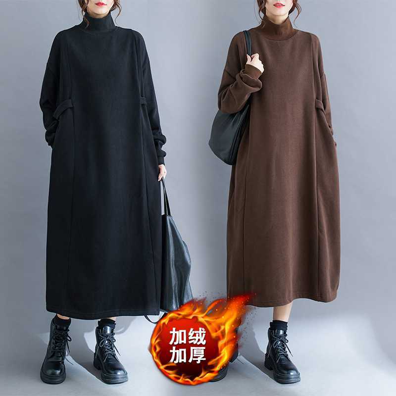 「ファットガール」 24 ニットワンピース タートルネック 裏起毛 厚手 大きいサイズ 体型カバー レディース ロングワンピース メガ割