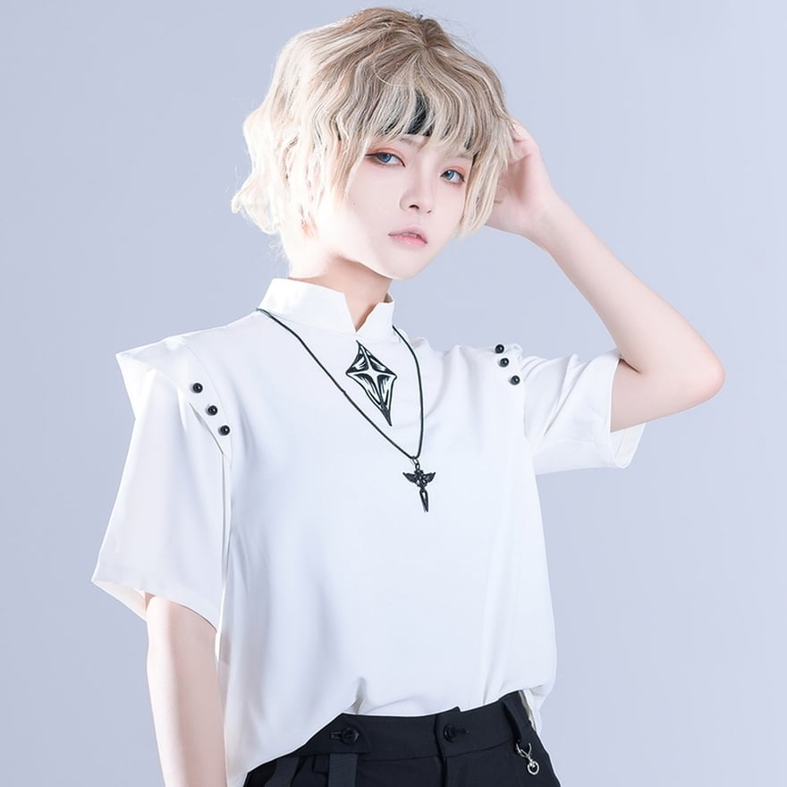 ロリータ 少年装 スタンドカラートップス レディース 刺繍トップス メンズ 半袖 シャツ 白 ゆめかわ おしゃれ増し