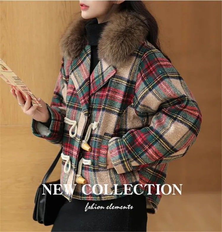 超人気インスタグラムで話題 韓国ファッション 裏起毛 厚手 チェック柄 ウールコート 短いスタイル秋冬 ワイルド ウールコート