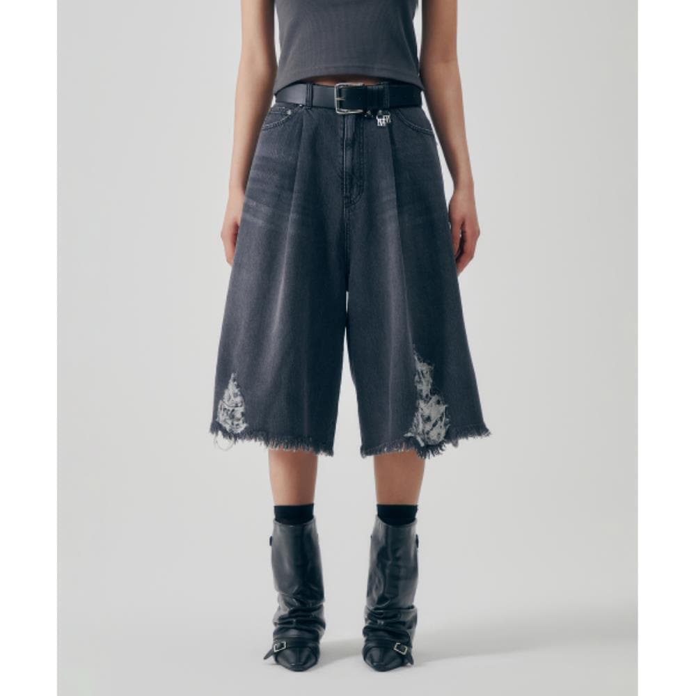 TREEMINGBIRD Distressed Square Denim Setup Shorts Gray