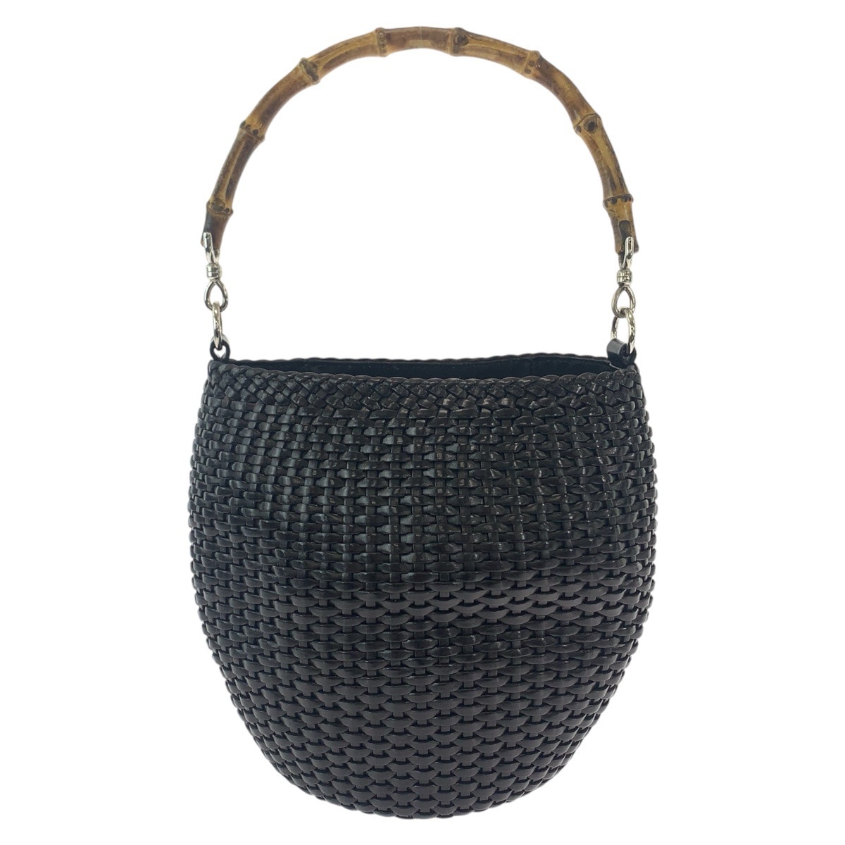 美品 バンブー ブラック 黒 シルバー金具 レザー 000 1817 ハンドバッグ レザー編み込みバッグ レディース 408951