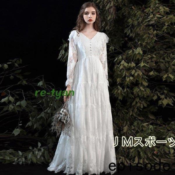 ウエディングドレス レース 二次会 スレンダー2次会 結婚式 撮影 前撮り花嫁 袖ありブライダル エンパイアライン 白 ワンピース ロングドレス30代40代50代