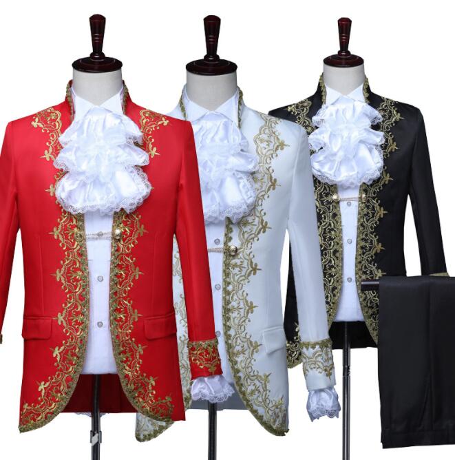 メンズ 礼服4点セット 欧米 宮廷 王子様 コスチューム ステージ衣装 舞台衣装 貴族 伯爵 スーツ 仮装 変装 長袖ジャケット 長ズボン つけ袖 フリルジャボ 男性 コスプレ スーツ おしゃれ フロ
