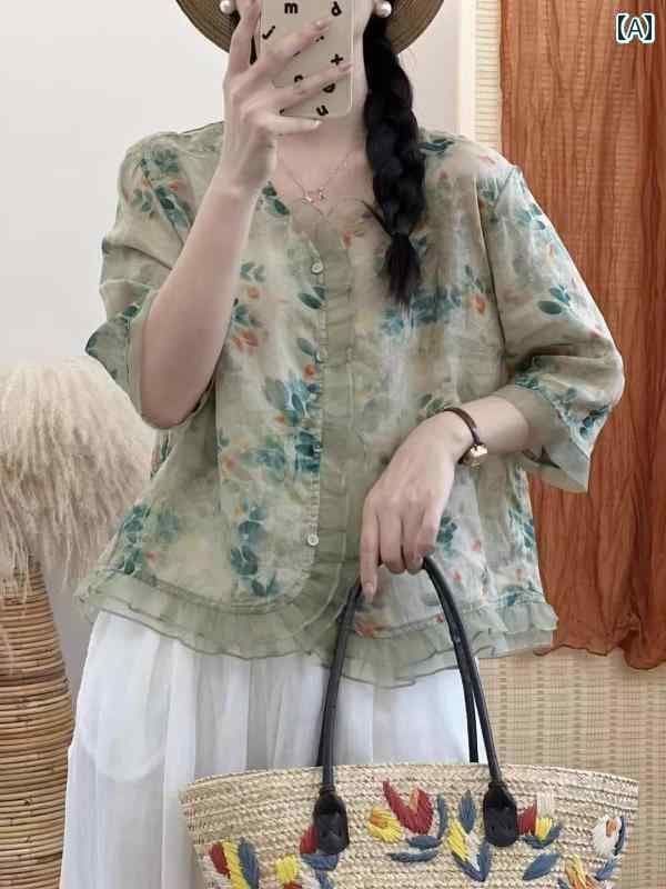 レディース　　シャツ　トップス コットンと リネンの 半袖 シャツ 女性用 2025夏 Vネック 花柄 リネンシャツ