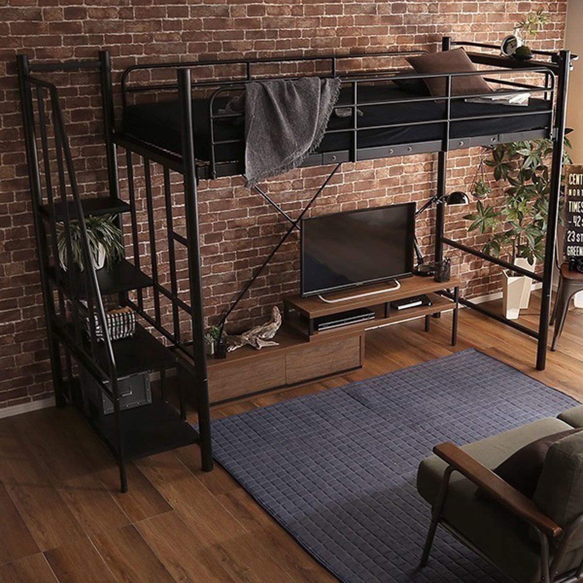 ヴィンテージロフトベッド パイプベッド 宮付き 階段付き 安心 安全 ベッドフレーム おしゃれ 27,949円