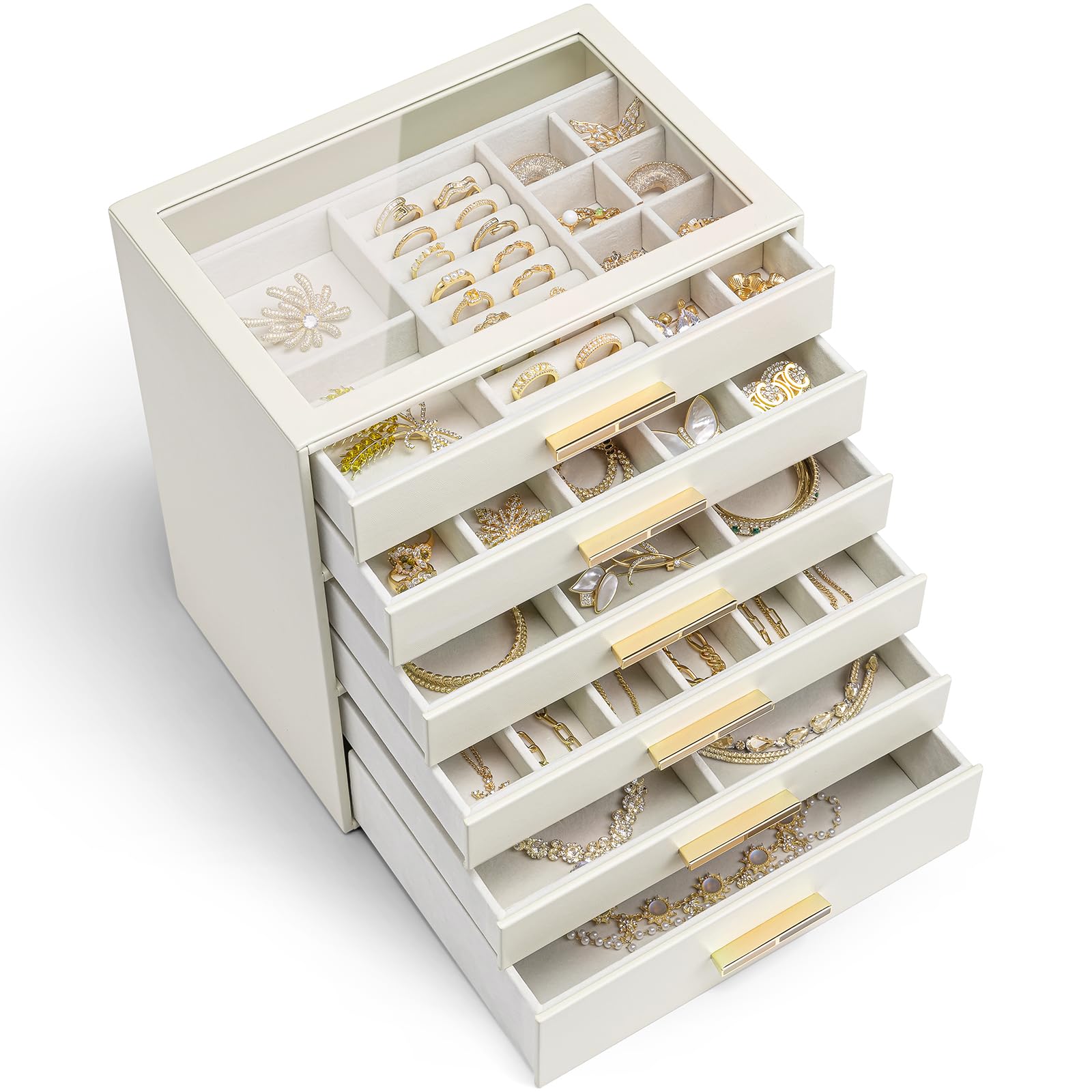 Vlando ガラス蓋 6段引き出し ジュエリーボックス 女性用ジュエリーボックス ネックレス 指輪 イヤリング ブレスレット アクセサリー収納用 オーガナイザー (ホワイト)