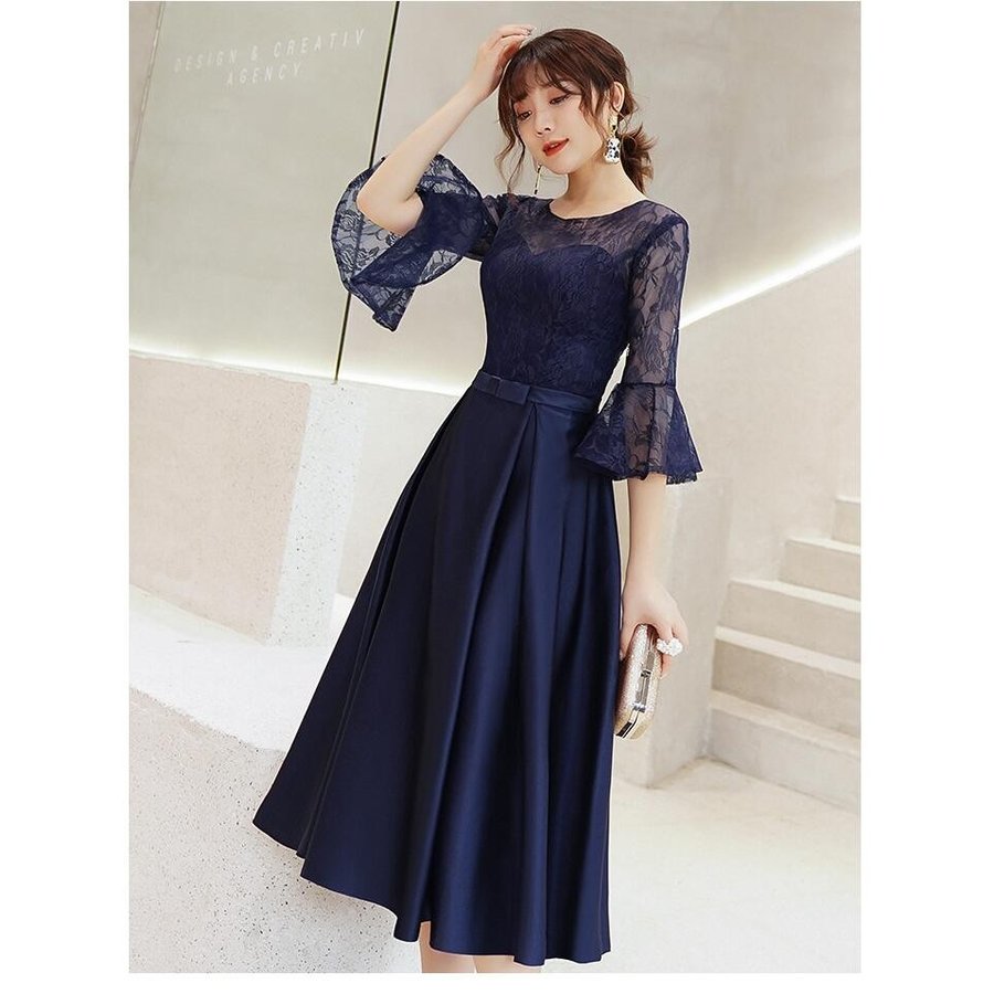 袖あり パーティードレス ミモレドレス レディース Aラインワンピース ウエディングドレス 20代