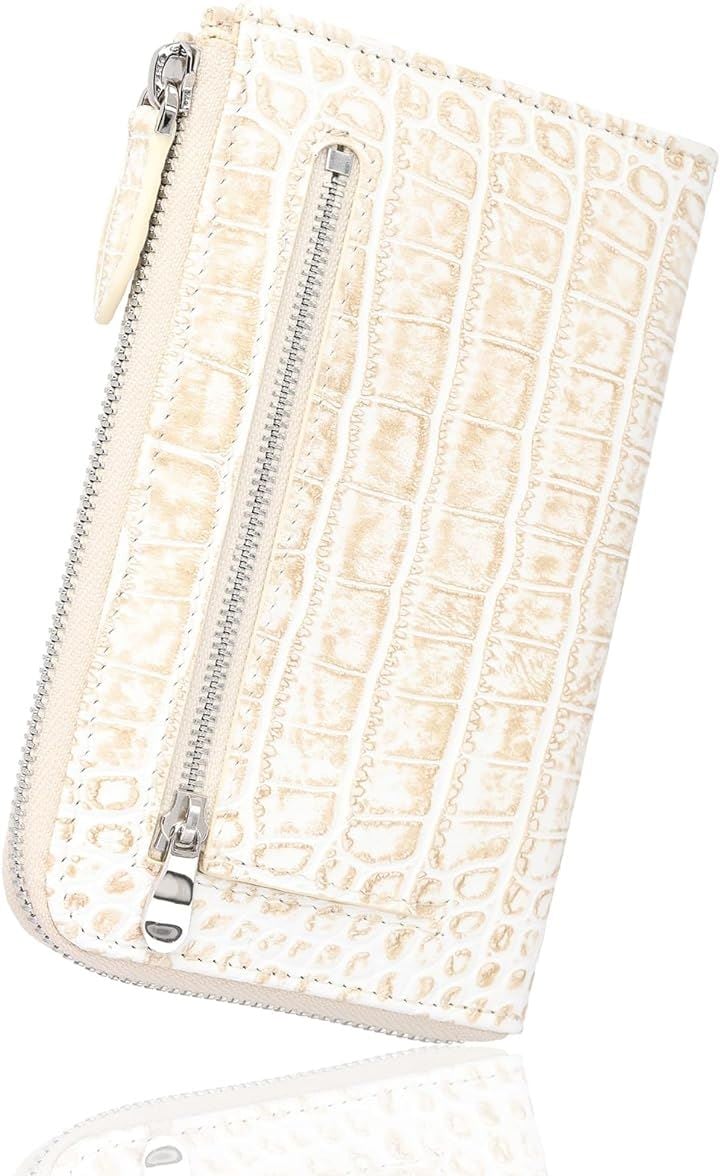 コンパクト 財布 長財布 革 1万円札とほぼ同じ幅の長財布 レディース クロコ型押し 大容量 薄い l字ファスナー ミニ ガバッと開く 小銭入れ (ホワイトベージュ)
