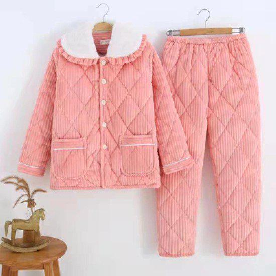 パジャマ レディース 冬 ルームウェア 長袖 ストライプ 上下セット 2点セット セットアップ ホームウェア 部屋着 寝間着 おうち服 ナイトウェア 楽ちん リラックス キルティング 大きい襟 襟あり