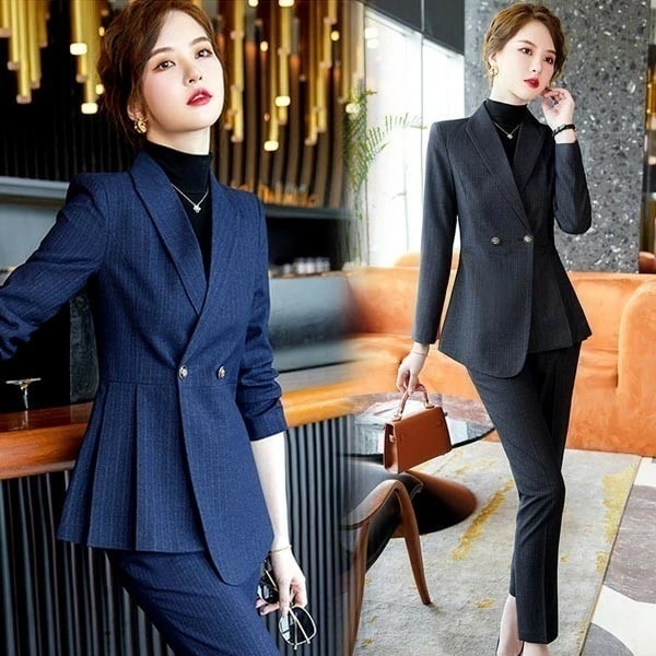 ストライプスーツ レディース 大きいサイズ 通勤 事務服 就活 就職活動 面接 仕事着 フォーマル 上下セット 長袖 オフィス ビジネス 事務服 制服 おしゃれ ネイビー 黒 大きいサイズ S M L