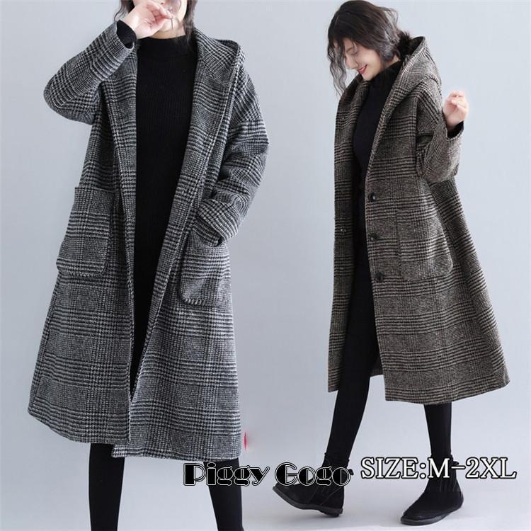 [惠子商店]新品入荷ラシャコート ロングコート トレンチコート レディース 長袖 40代 千鳥柄 フード付き ロングコート 大きいサイズ コートアウター 大人 秋冬コート 防寒ラシャコート ロングコー
