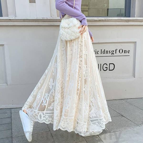 スカート ボトムス レース エレガント レディース きれいめ カジュアル おしゃれ ロング丈 大人 可愛い フェミニン Aライン 体型カバー ウエストゴム ナチュラル ベージュ パープル ブラウン ホ