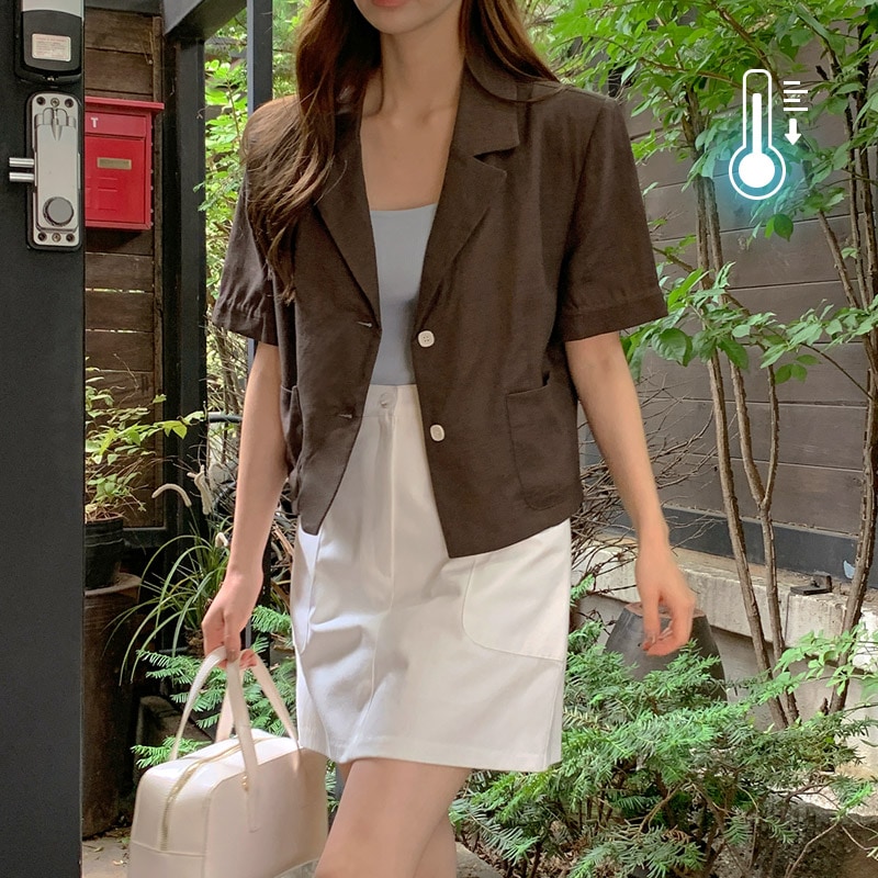 [tjk0415] 韓国ファッションクロップリネン半袖ジャケット