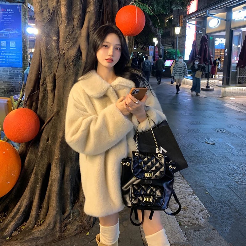 秋冬新作エコファーコートイミテーションラビットファーミンクコートレディース厚みのあるルーズファーコート痩身30%制限