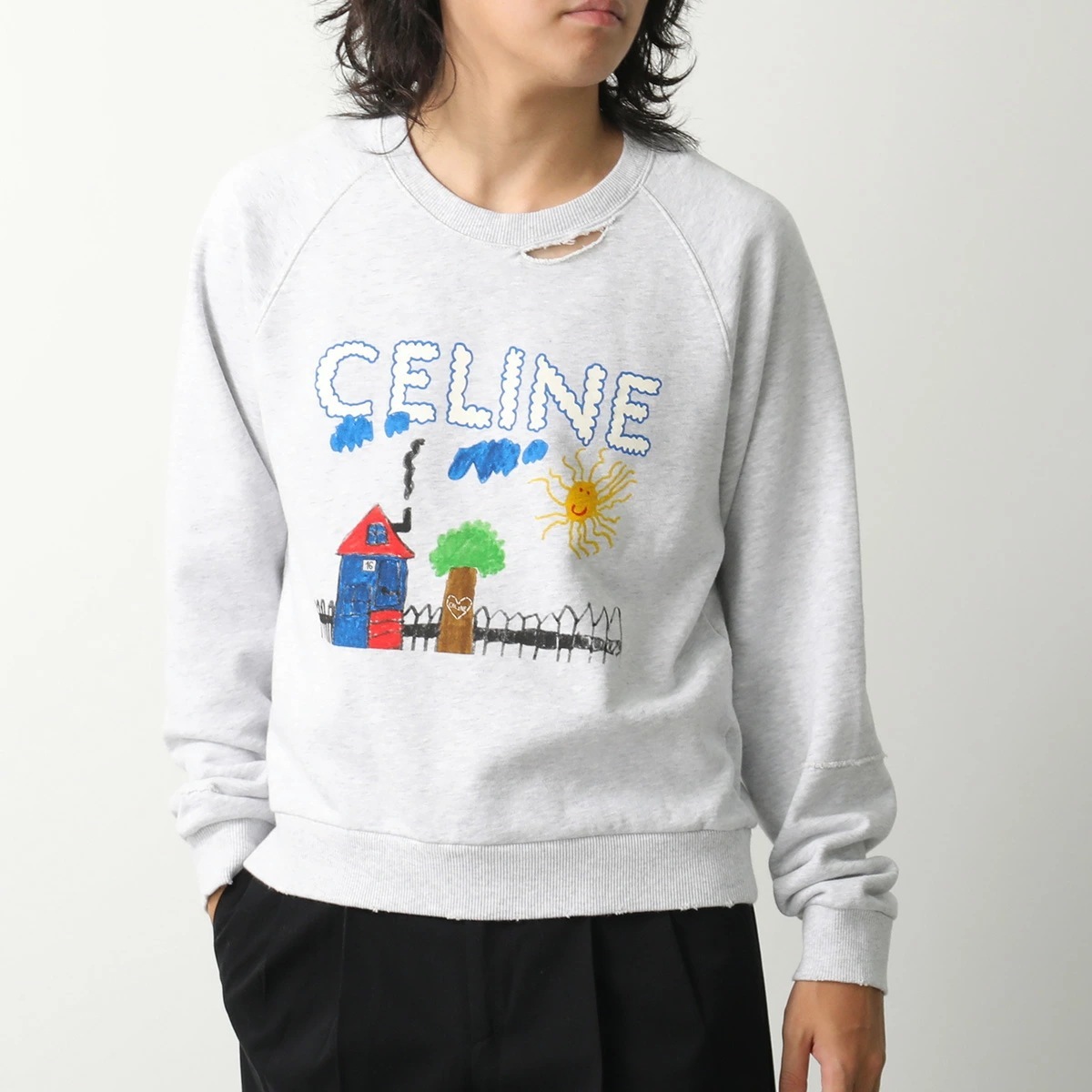 CELINE セリーヌ トレーナー RY0GW670Q.GCA7 メンズ スウェットシャツ 長袖 ラグラン クルーネック コットン ダメージ加工 ロゴ グレー他