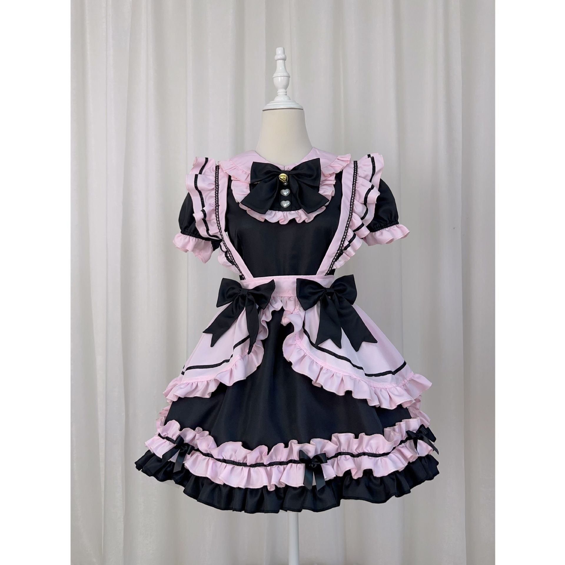 新品 韓国 lolita 黒 ピンク メイド コスプレ 甘美 少女 可爱い 猫 蝶結び コスプレセット