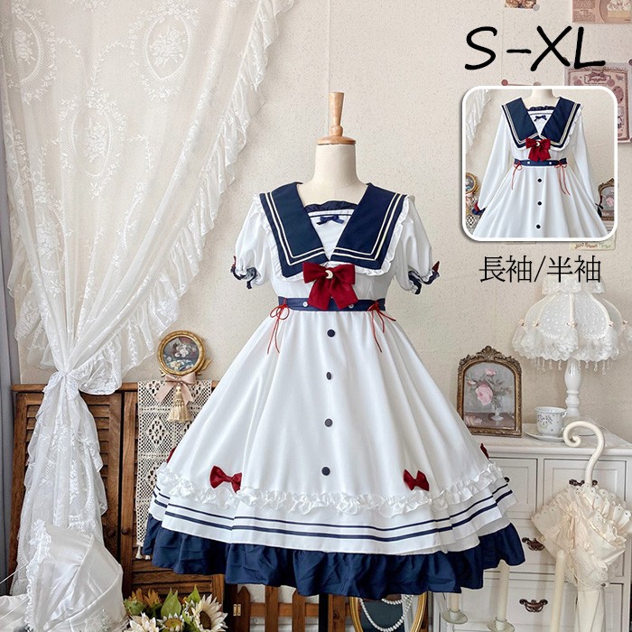 ワンピース レディース ロリータワンピース ロリィタ ゴスロリ Aライン 半袖 リボン プリーツ マリン 水平 セーラー服 セーラーワンピ パフスリーブ セーラーカラー 衣装 かわいい パーティ イベ
