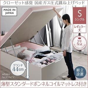 [組立設置付]クローゼット跳ね上げベッド [エマーブル] 薄型スタンダードボンネルコイルマットレス付 縦開き シングル レギュラー丈 深さグランド [フレーム色]ホワイト [マットレス色]ホワイト