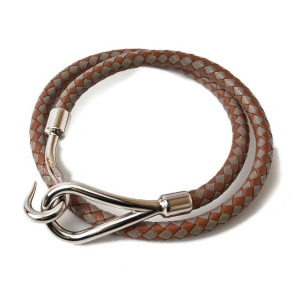 バングル/ブレスレット HERMES ジャンボブレス 編み込み レザー ブラウン/グレー シルバー金具