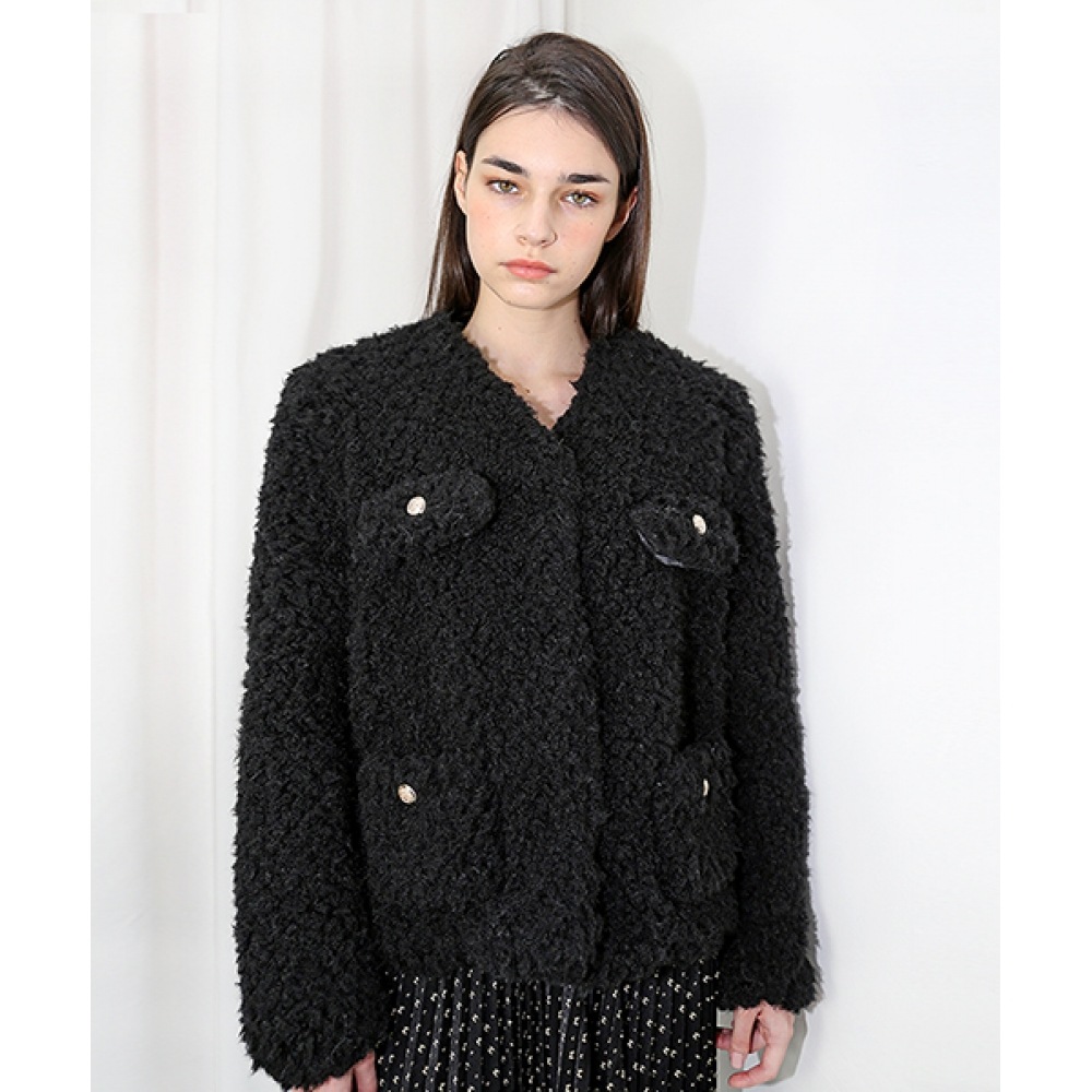 DAMAGE MNEMONIC Vネックフリースブラックジャケット_ VネックウールブラックJK