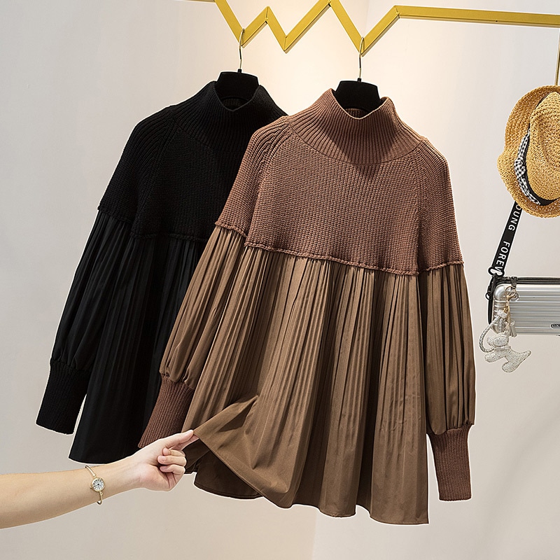 トップス ニットソー セーター プルオーバー 長袖 レギュラー袖 ハイカラー プリーツ ニット フェイクツーピース 大人可愛い カジュアル お洒落 大人女子 キュート 個性的 とろみ感 無地 秋 冬