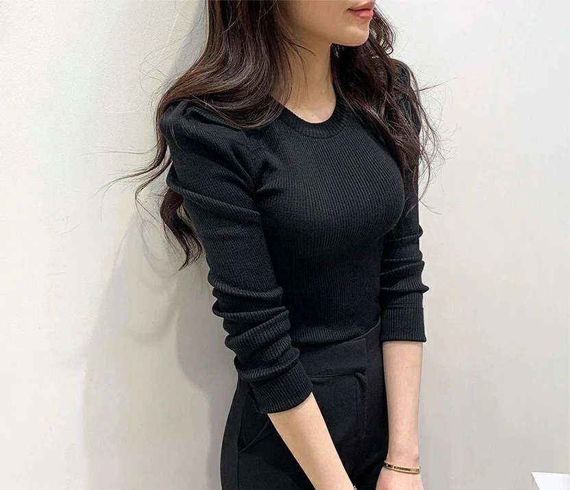 2TYPEタックスリーブニットp213501 レディース 【tops】 韓国ファッション トップス ニット ラウンドネック クルーネック 長袖 リブニット タイト 細身 パフスリーブ パワーショルダ 4,351円