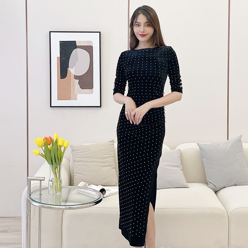 ワンピース ワンピドレス ミモレ ミモレ丈 ロング ロング丈 袖あり 7分袖 七分袖 Uネック ラウンドネック タイト 細身 スリット サイドスリット ベロア きれいめ おしゃれ お洒落 かっこいい