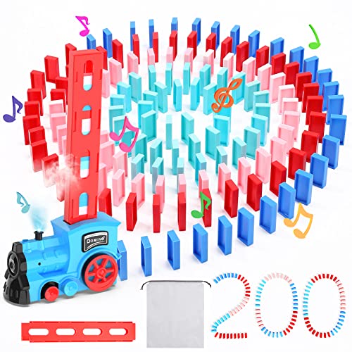 おもちゃ ドミノ 知育玩具 Skirfy ドミノ倒し 200枚 電車 カラフル スプレー機能 食品衛生検査済み ブロック玩具 音楽効果 予備のカードクリップ 専用収納袋付き 色認知 形認知 並べる用道